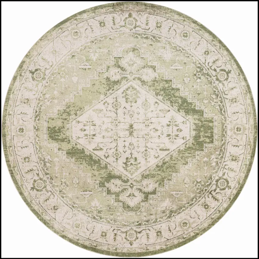 5' Beige And Green Floral Medallion Distressed Round Rug Photo 4