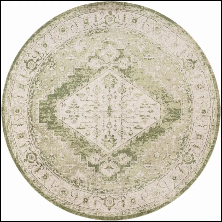 5' Beige And Green Floral Medallion Distressed Round Rug Photo 2