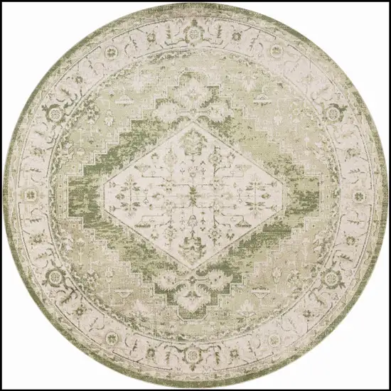 5' Beige And Green Floral Medallion Distressed Round Rug Photo 3