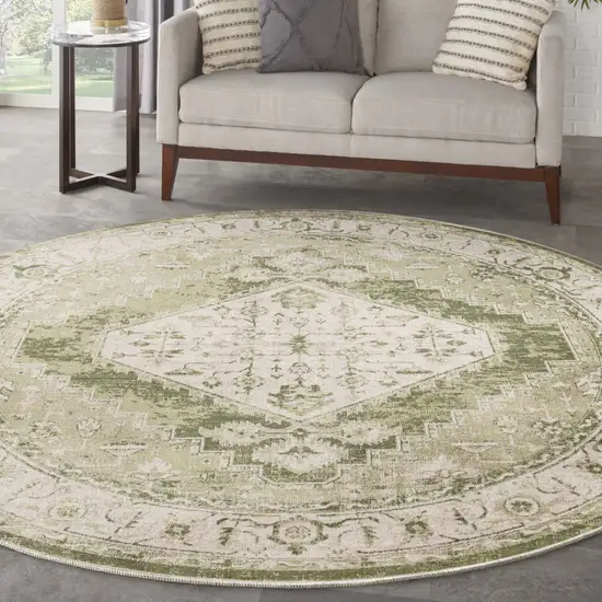 8' Beige And Green Floral Medallion Distressed Round Rug Photo 5