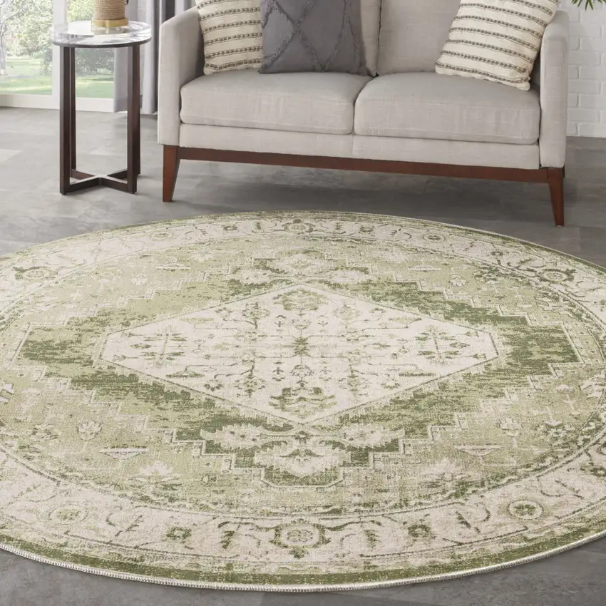 8' Beige And Green Floral Medallion Distressed Round Rug Photo 5