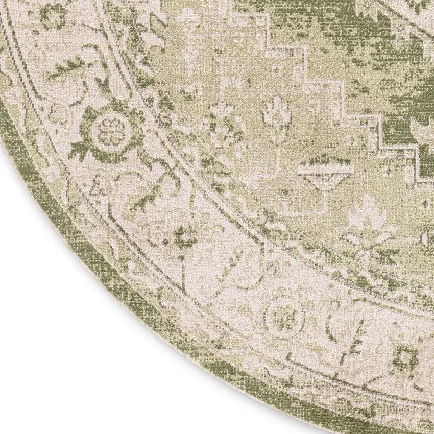 8' Beige And Green Floral Medallion Distressed Round Rug Photo 8