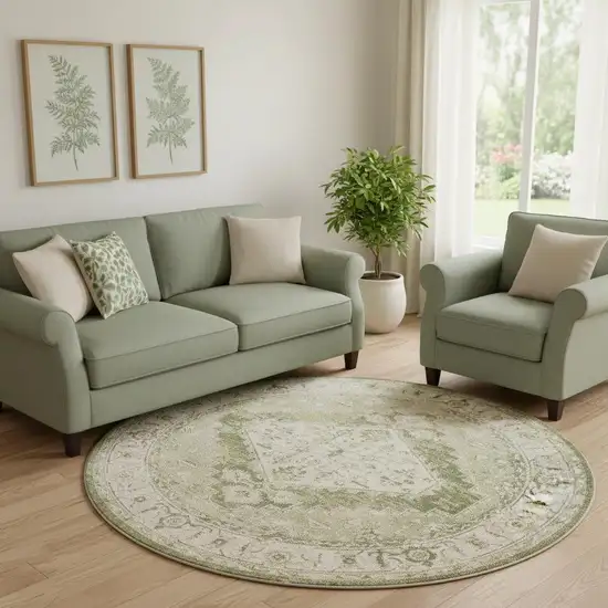8' Beige And Green Floral Medallion Distressed Round Rug Photo 1