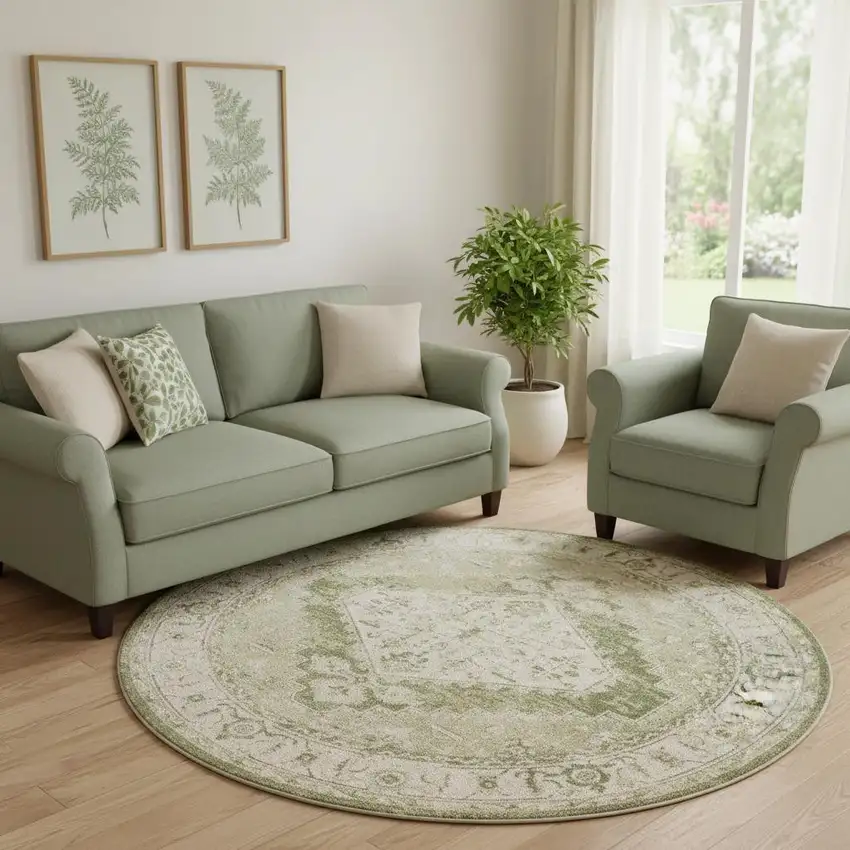 8' Beige And Green Floral Medallion Distressed Round Rug Photo 1