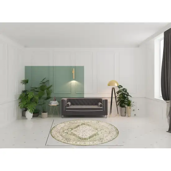 8' Beige And Green Floral Medallion Distressed Round Rug Photo 1