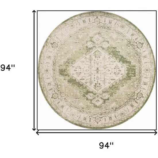 8' Beige And Green Floral Medallion Distressed Round Rug Photo 3