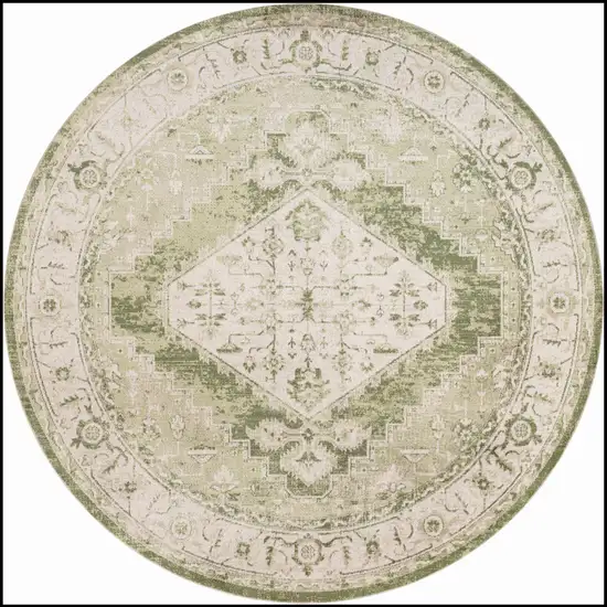 8' Beige And Green Floral Medallion Distressed Round Rug Photo 2