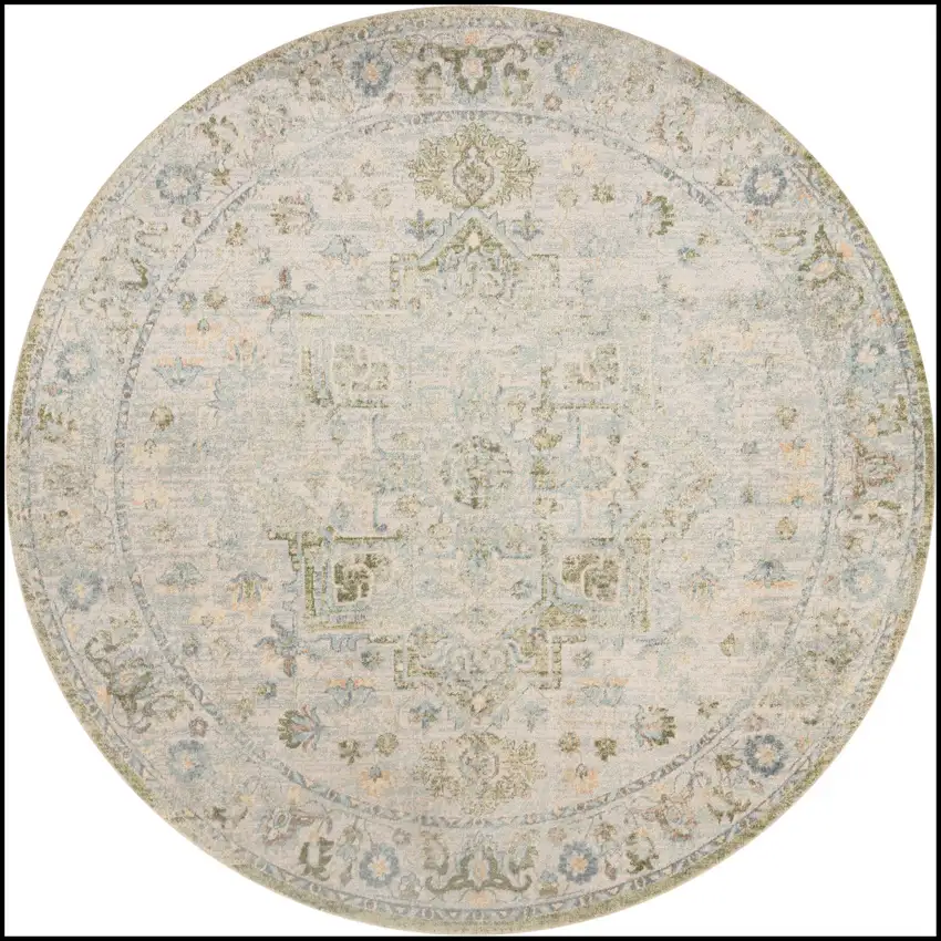 8' Beige And Green Floral Medallion Round Rug Photo 4