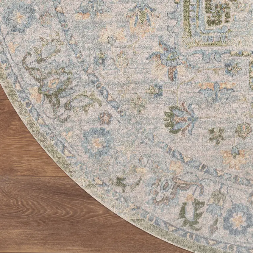 8' Beige And Green Floral Medallion Round Rug Photo 9