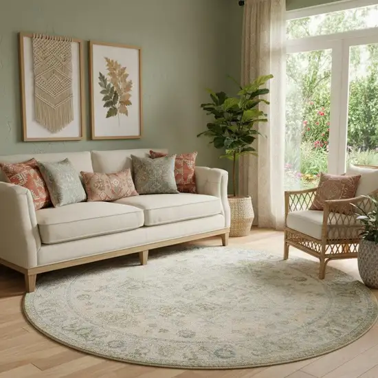 8' Beige And Green Floral Medallion Round Rug Photo 1
