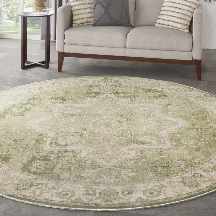 5' Beige And Green Floral Medallion Round Rug Photo 5