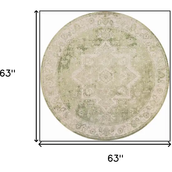 5' Beige And Green Floral Medallion Round Rug Photo 3