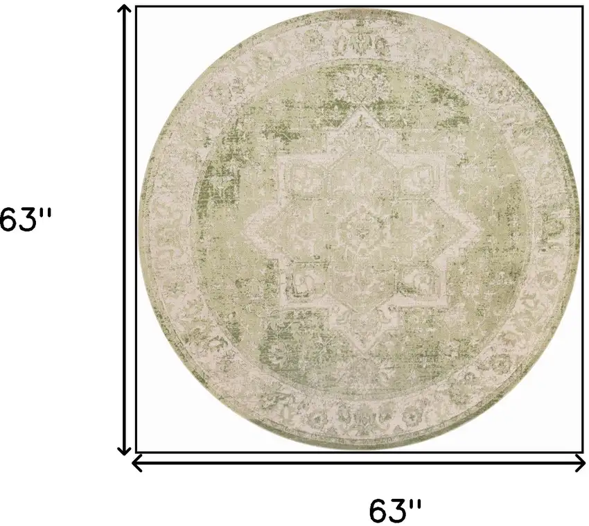 5' Beige And Green Floral Medallion Round Rug Photo 3