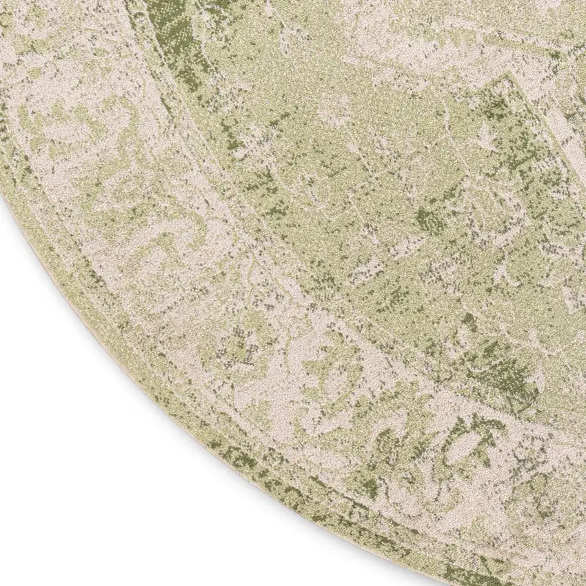 5' Beige And Green Floral Medallion Round Rug Photo 9