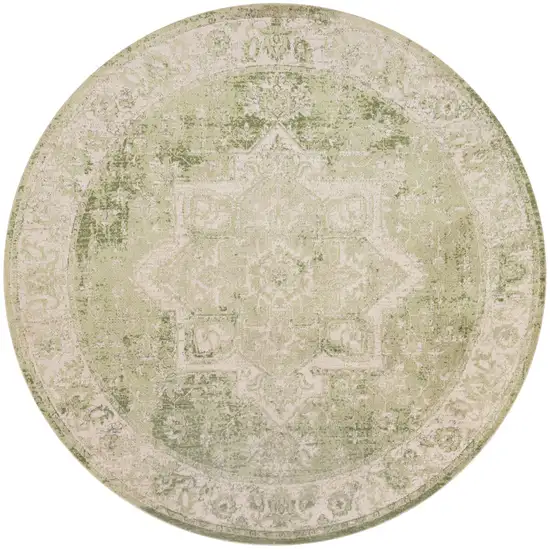 5' Beige And Green Floral Medallion Round Rug Photo 4