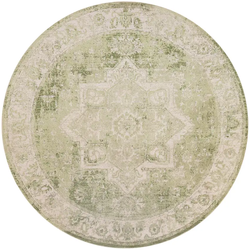 5' Beige And Green Floral Medallion Round Rug Photo 4