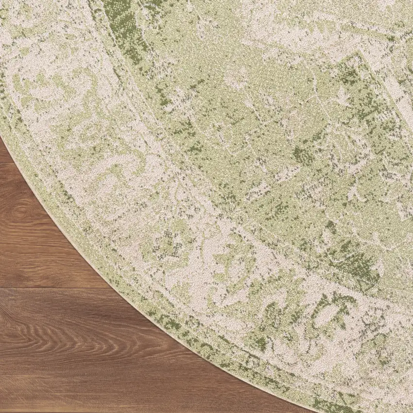 8' Beige And Green Floral Medallion Round Rug Photo 8