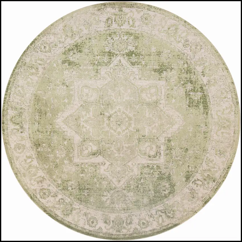 8' Beige And Green Floral Medallion Round Rug Photo 3
