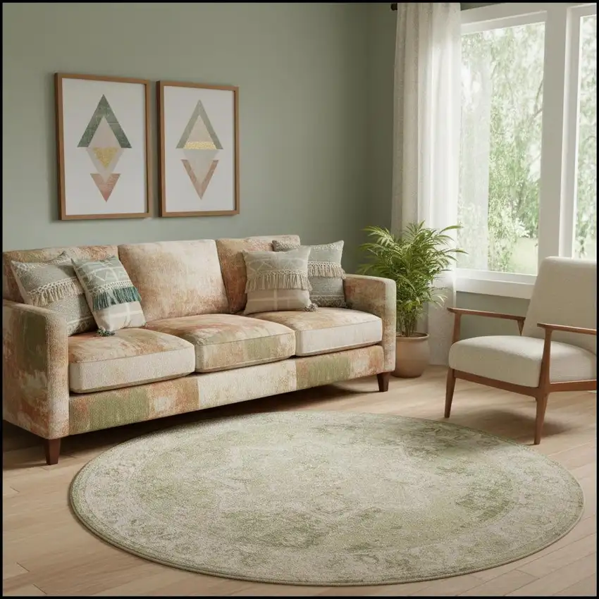 8' Beige And Green Floral Medallion Round Rug Photo 1