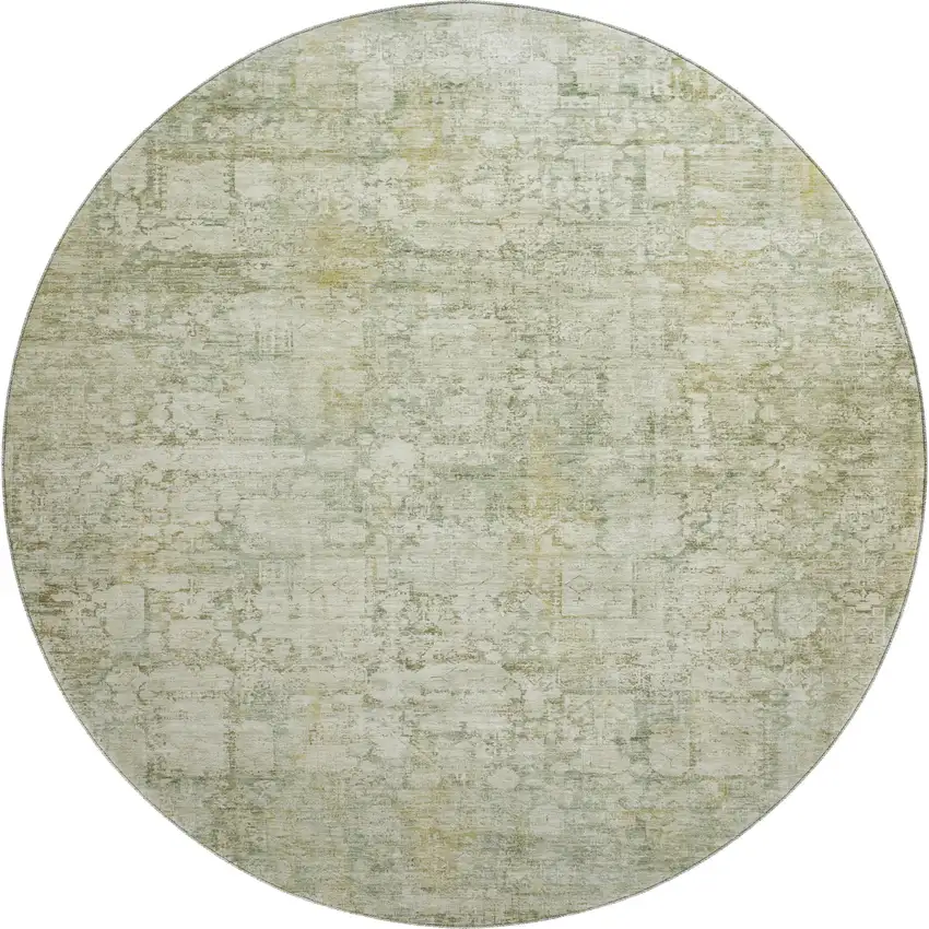 8' Beige And Green Oriental Washable Round Rug With UV Protection Photo 1