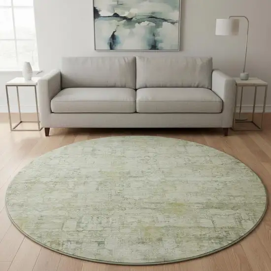 8' Beige And Green Oriental Washable Round Rug With UV Protection Photo 2