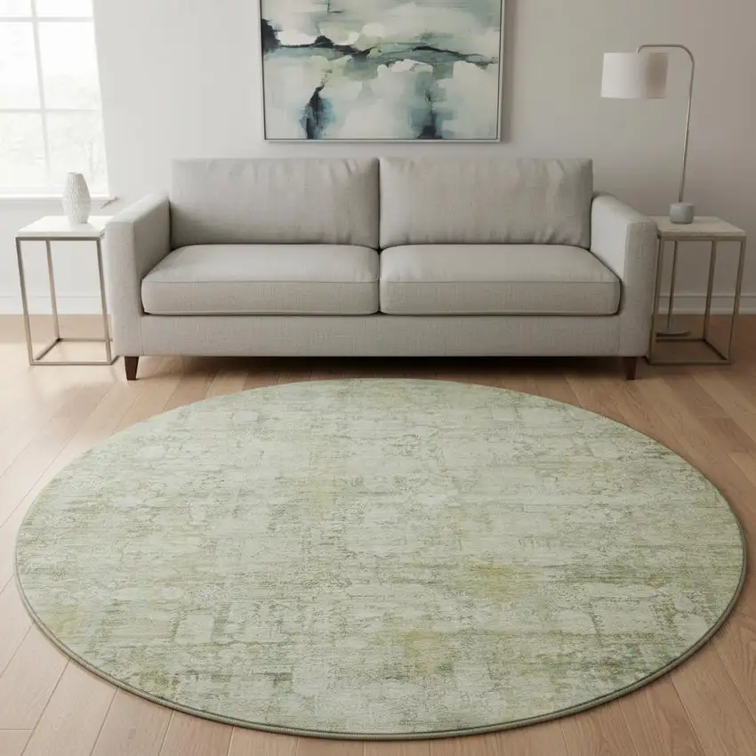 8' Beige And Green Oriental Washable Round Rug With UV Protection Photo 2