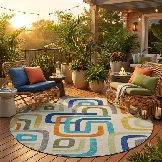 8' Beige And Green Round Geometric Washable Indoor Outdoor Area Rug Photo 1