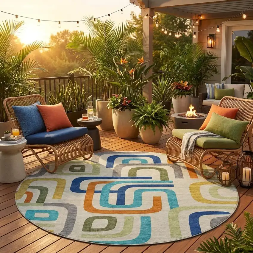 8' Beige And Green Round Geometric Washable Indoor Outdoor Area Rug Photo 1