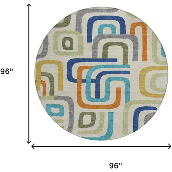 8' Beige And Green Round Geometric Washable Indoor Outdoor Area Rug Photo 7