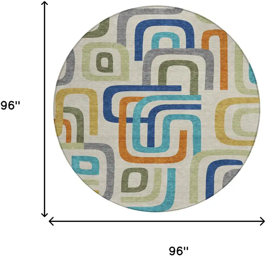 8' Beige And Green Round Geometric Washable Indoor Outdoor Area Rug Photo 7