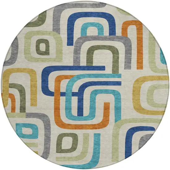 8' Beige And Green Round Geometric Washable Indoor Outdoor Area Rug Photo 2