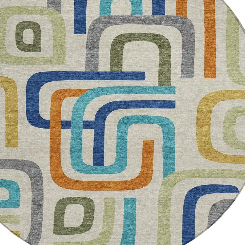 8' Beige And Green Round Geometric Washable Indoor Outdoor Area Rug Photo 3