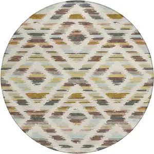 Photo of 8' Beige And Green Round Tribal Washable Indoor Outdoor Area Rug