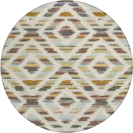 8' Beige And Green Round Tribal Washable Indoor Outdoor Area Rug Photo 1