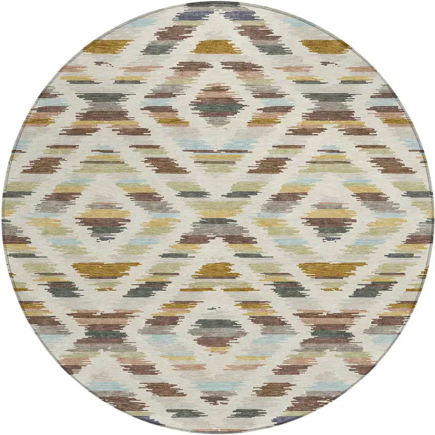8' Beige And Green Round Tribal Washable Indoor Outdoor Area Rug Photo 1