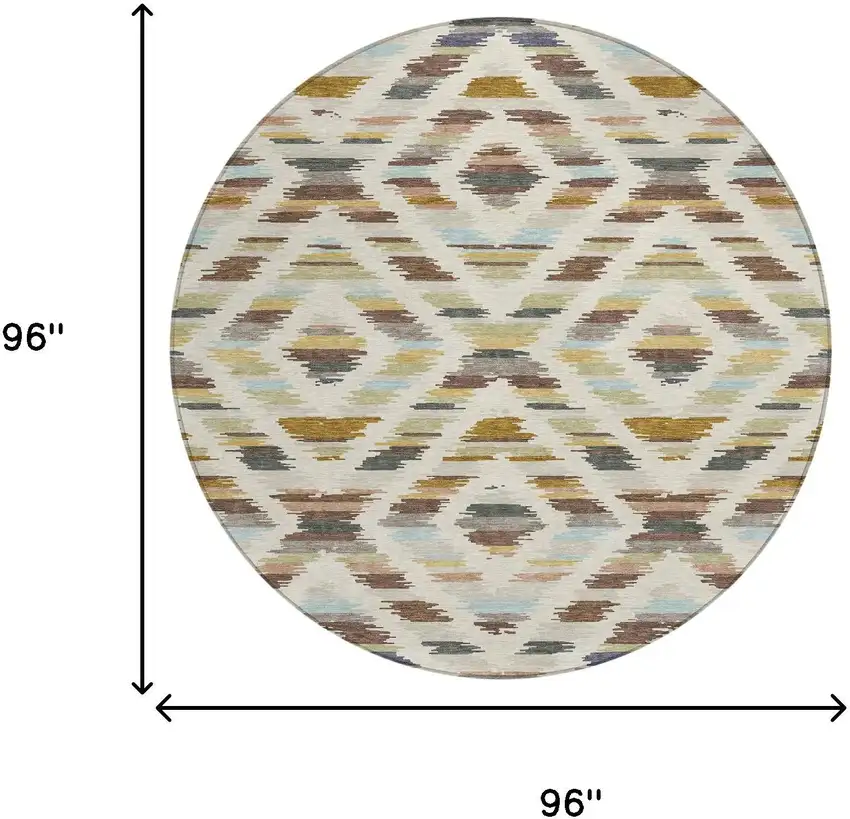 8' Beige And Green Round Tribal Washable Indoor Outdoor Area Rug Photo 6