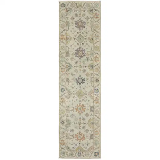 10' Beige And Green Wool Oriental Hand Knotted Runner Rug With Fringe Photo 2