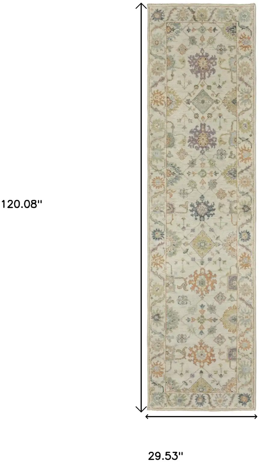 10' Beige And Green Wool Oriental Hand Knotted Runner Rug With Fringe Photo 3