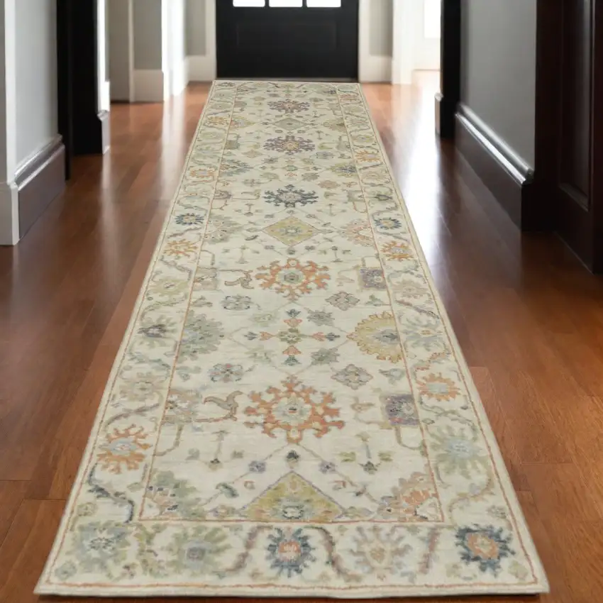 10' Beige And Green Wool Oriental Hand Knotted Runner Rug With Fringe Photo 1