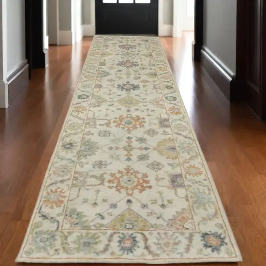 10' Beige And Green Wool Oriental Hand Knotted Runner Rug With Fringe Photo 1