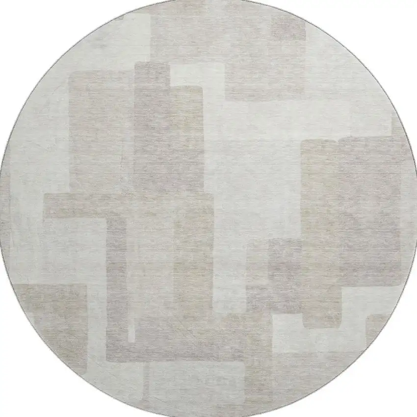 8' Beige And Ivory Abstract Geometric Washable Round Rug With UV Protection Photo 4