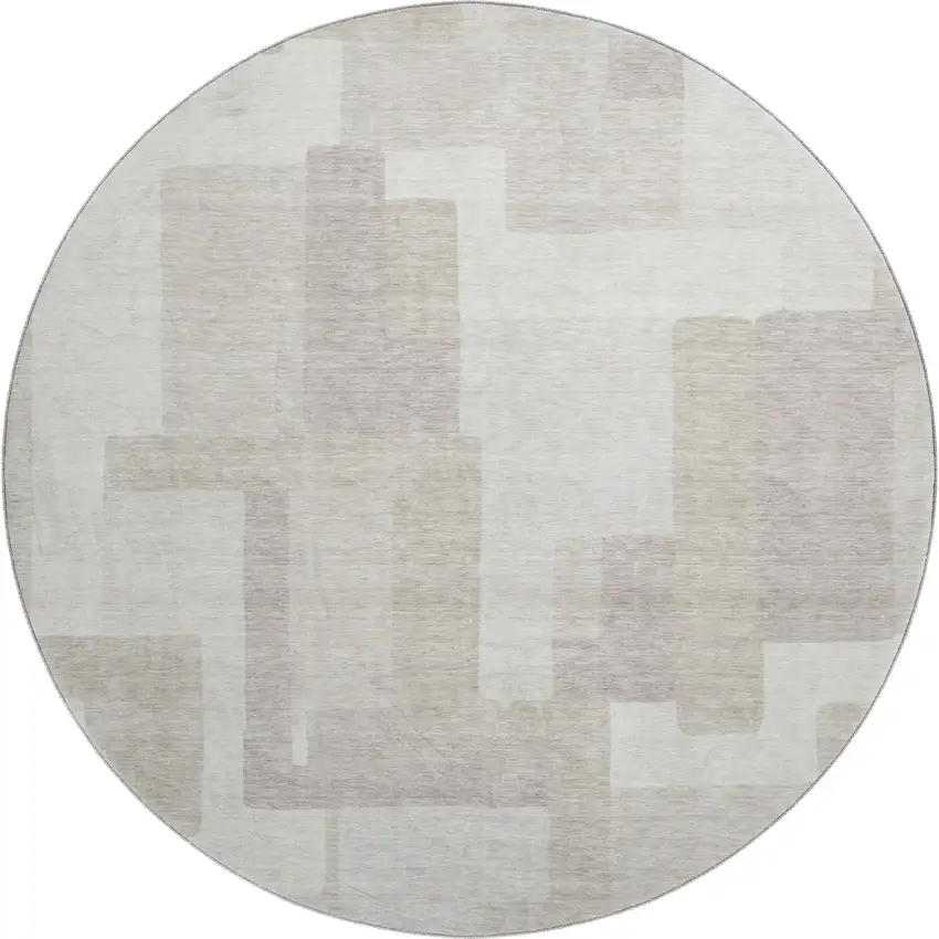 8' Beige And Ivory Abstract Geometric Washable Round Rug With UV Protection Photo 1