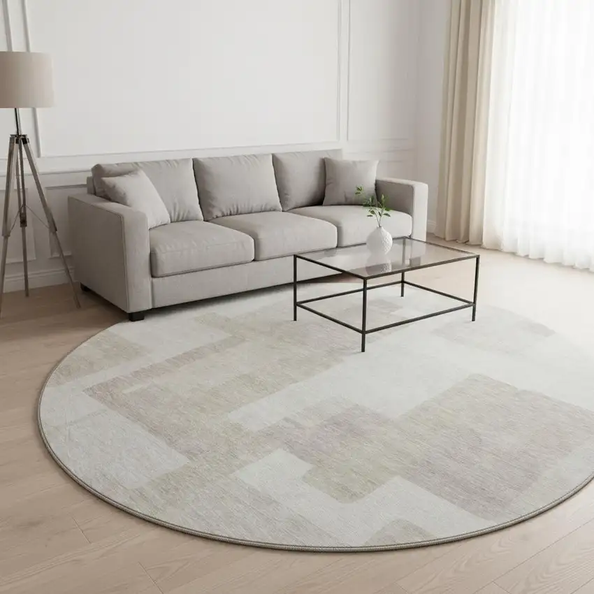 8' Beige And Ivory Abstract Geometric Washable Round Rug With UV Protection Photo 2