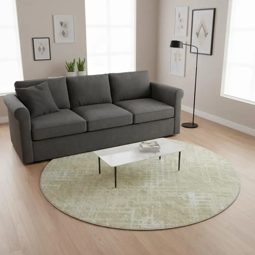 8' Beige And Ivory Abstract Geometric Washable Round Rug With UV Protection Photo 2