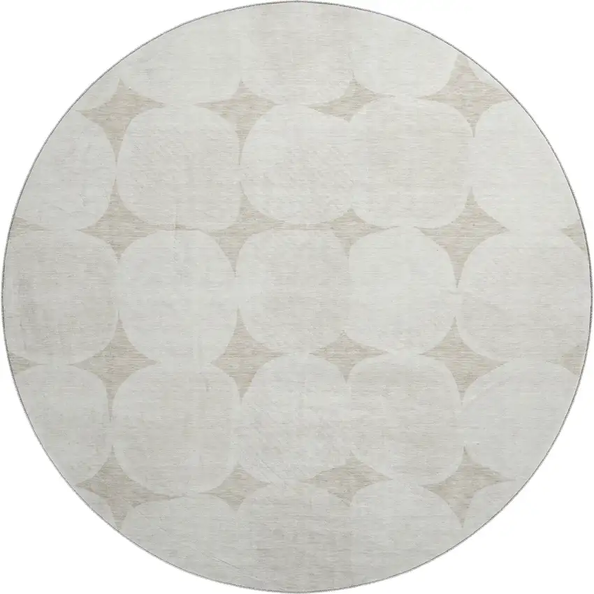 8' Beige And Ivory Abstract Geometric Washable Round Rug With UV Protection Photo 1
