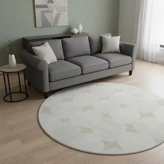 8' Beige And Ivory Abstract Geometric Washable Round Rug With UV Protection Photo 2