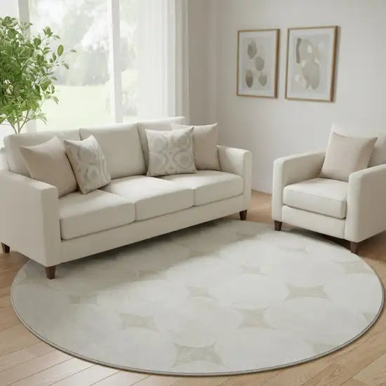 8' Beige And Ivory Abstract Geometric Washable Round Rug With UV Protection Photo 1