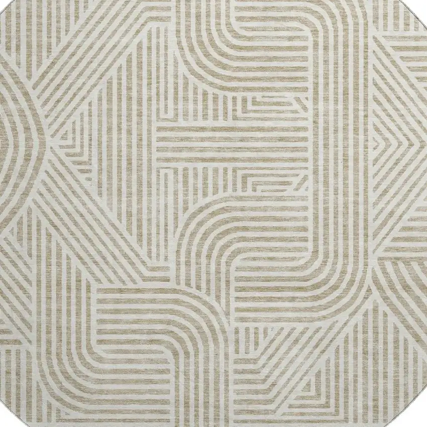 8' Beige And Ivory Abstract Geometric Washable Round Rug With UV Protection Photo 3