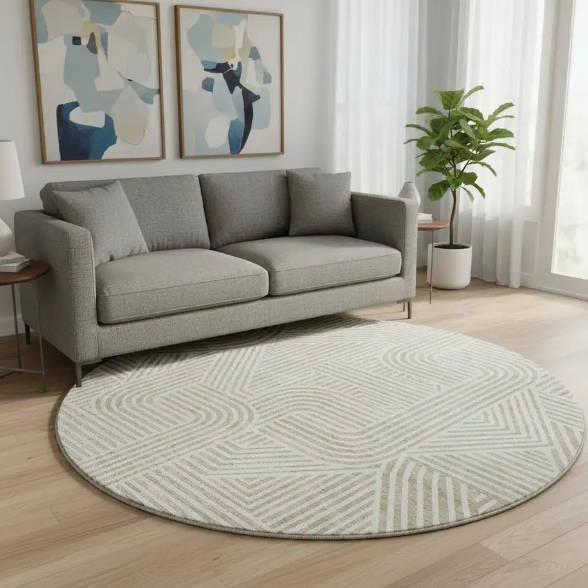 8' Beige And Ivory Abstract Geometric Washable Round Rug With UV Protection Photo 2