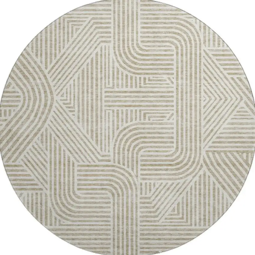 8' Beige And Ivory Abstract Geometric Washable Round Rug With UV Protection Photo 4